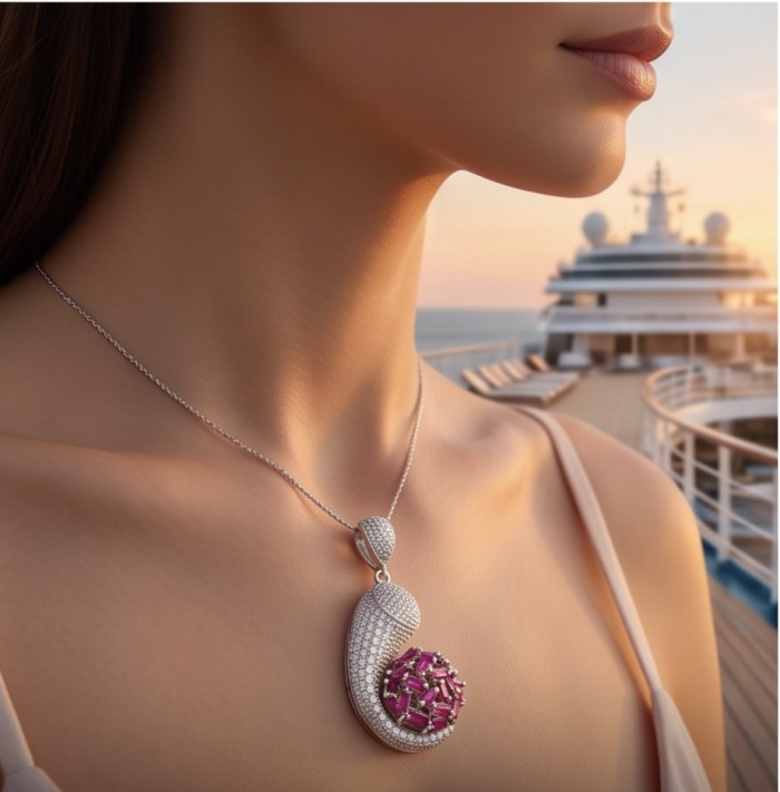 Stella 14.2 carat authentic Mozambique Ruby rhodium over .925 Sterling Silver handmade Pendant - Stella necklace worn, close-up view on a cruise ship at sunset.