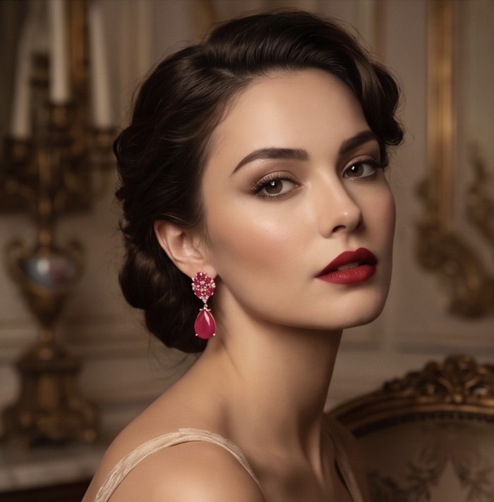 Giovanna - Magnificent Jewel - 24.2 carat Kashmir Ruby .925 Sterling Silver dipped in 22K Gold handcrafted incredible Statement earrings - Side view of model wearing Giovanna Kashmir Ruby earrings.