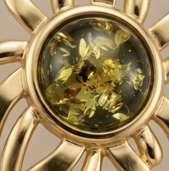 Sun Green Baltic Polish Amber 18k Gold over .925 Sterling Silver earrings - Amber stone close-up in golden sunburst setting.