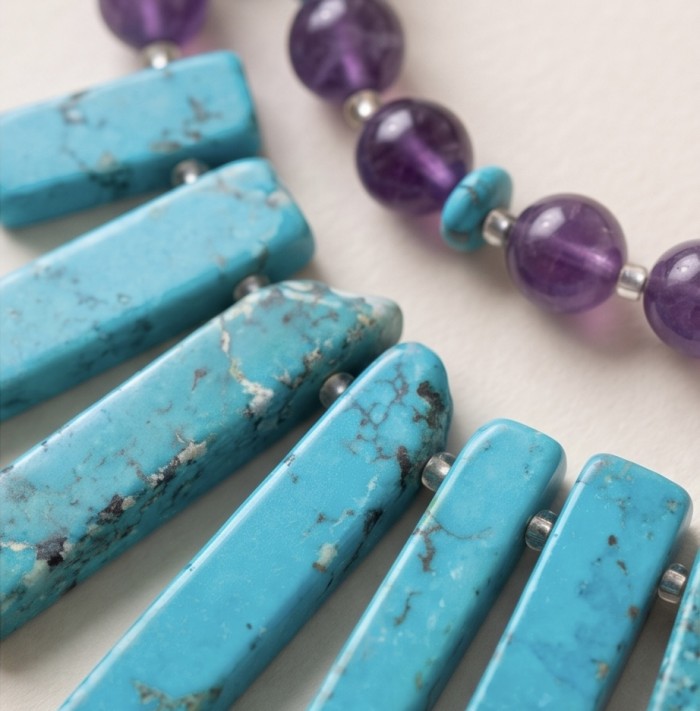 Dreamland - natural Turquoise Amethyst .925 Sterling Silver handmade necklace - Stone close-up of turquoise and amethyst necklace details.