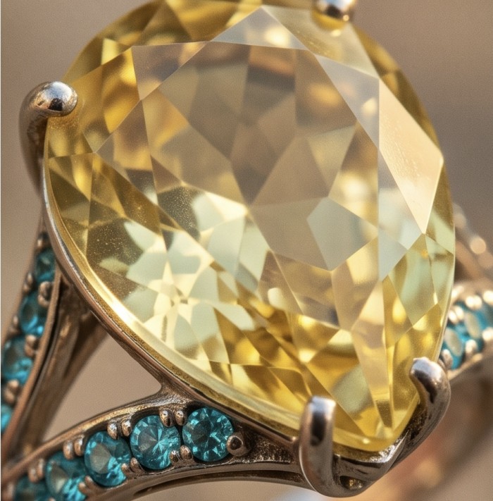 Vivien - Natural 19. 2 carat Citrine .925 Sterling Silver dipped rhodium handcrafted Statement ring; s. 7 1/4 - Close-up of Vivien Citrine ring in sterling silver with turquoise accents.