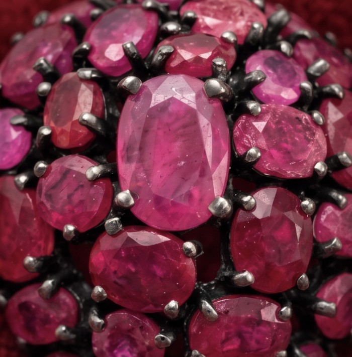Giovanna 24.2 carat authentic Mozambique Ruby Marcasite black rhodium over .925 Sterling Silver handmade Pendant - Close-up of Mozambique Ruby cluster in intricate black prong setting