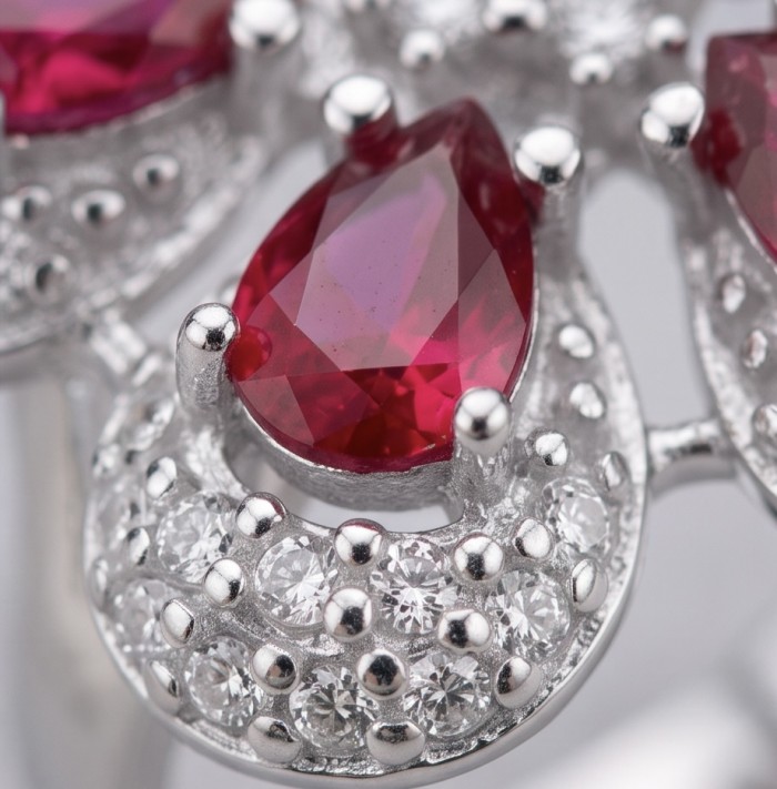 Izabella Luxurious natural 6.8 carat Ruby rhodium over .925 Sterling Silver handmade incredible ring s. 7 1/2 - Close-up of Izabella Luxurious 6.8 carat ruby with diamond accents.