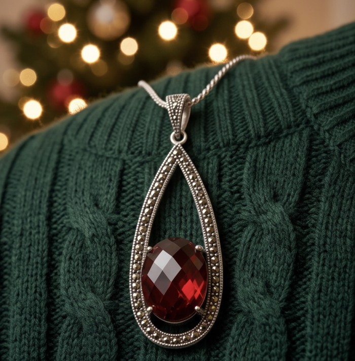 Vintage Beauty 17.9 carat genuine Garnet rhodium over .925 Sterling Silver handcrafted pendant - Garnet pendant close-up on green sweater with festive lights background