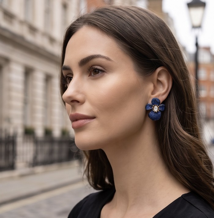 Amazonia - 38.8 carat pave Colombian Sapphire 2 tones .925 Sterling Silver handmade Statement Earrings - Side view of woman wearing blue Amazonia sapphire earrings
