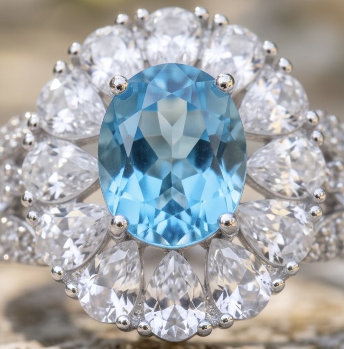 Atlantica 11.8 carat Swiss Blue Topaz .925 Sterling Silver dipped in rhodium handcrafted ring size 6 - Close-up of Swiss Blue Topaz ring with clear stones, front view.