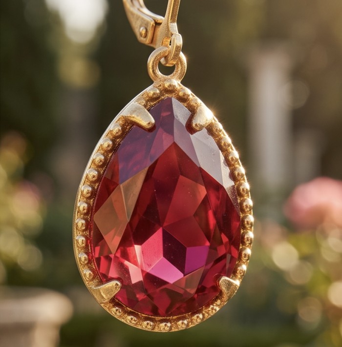 Giovanna - Magnificent classic design - 12.2 carat Kasmir Ruby .925 Sterling Silver dippedin 22K Gold handcrafted incredible Statement earrings - Close-up of 12.2 carat Kasmir R. earring in gold setting