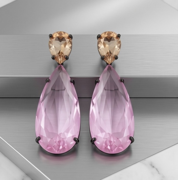 Victoria- authentic pear cut 12.7 carat Pink Topaz .925 Sterling Silver dipped in black rhodium handcrafted Earrings - Front view of Victoria pink topaz earrings with pear cut stones.