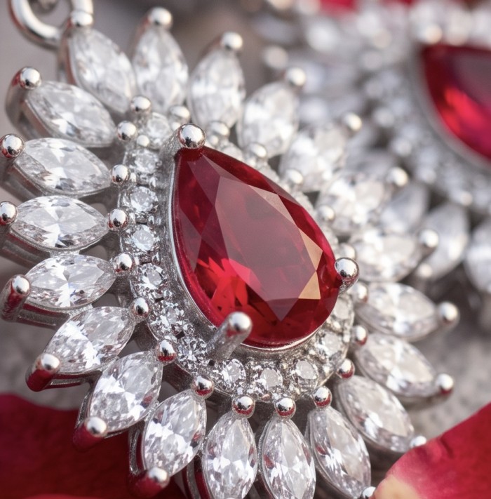 Exquisite 5.4 ctw Mozambique Ruby .925 Sterling Silver handcrafted Statement earrings - Close-up of exquisite Mozambique ruby in sterling silver setting.