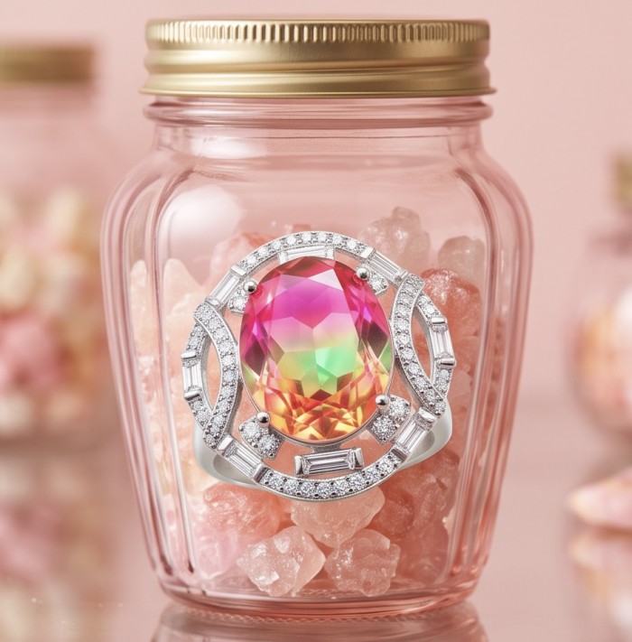 12.8 carat Brazilian Tourmaline .925 Sterling Silver dipped in rhodium Perfectly handcrafted Ring s. 8 1/2 - Close-up of colorful tourmaline ring on pink crystals in a jar