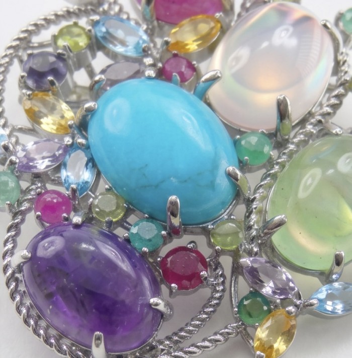 Mademoiselle - Vintage Design 45.4 CARAT Multigem rhodium over .925 Sterling Silver handcrafted Pendant & Brooch - Close-up of multigem cluster in Mademoiselle vintage design jewelry.