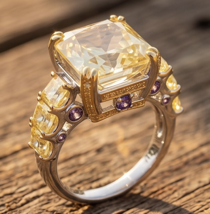 Wearable Art -princess cut - Solid 25.8 carat Genuine Yellow Sapphire .925 Sterling Silver dipped in rhodium handcrafted ring size 8 - Side view of a princess-cut yellow stone ring with intricate design.