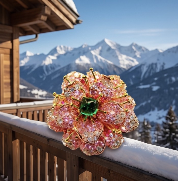 Giovanna - Authentic 4.2 carat Emerald .925 Sterling Silver dipped in 22K Rose Gold handcrafted Brooch - Emerald brooch close-up against snowy mountain backdrop.