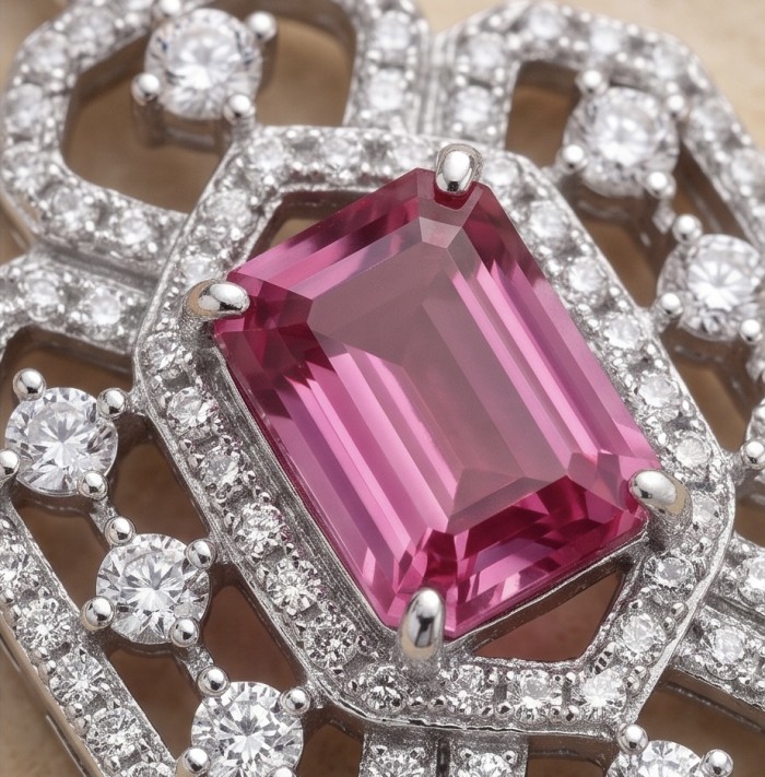 Incredible 4.5 carat Pink Topaz rhodium over .925 Sterling Silver entirely handmade earrings - Close-up of pink topaz ring with diamond accents in rhodium setting.