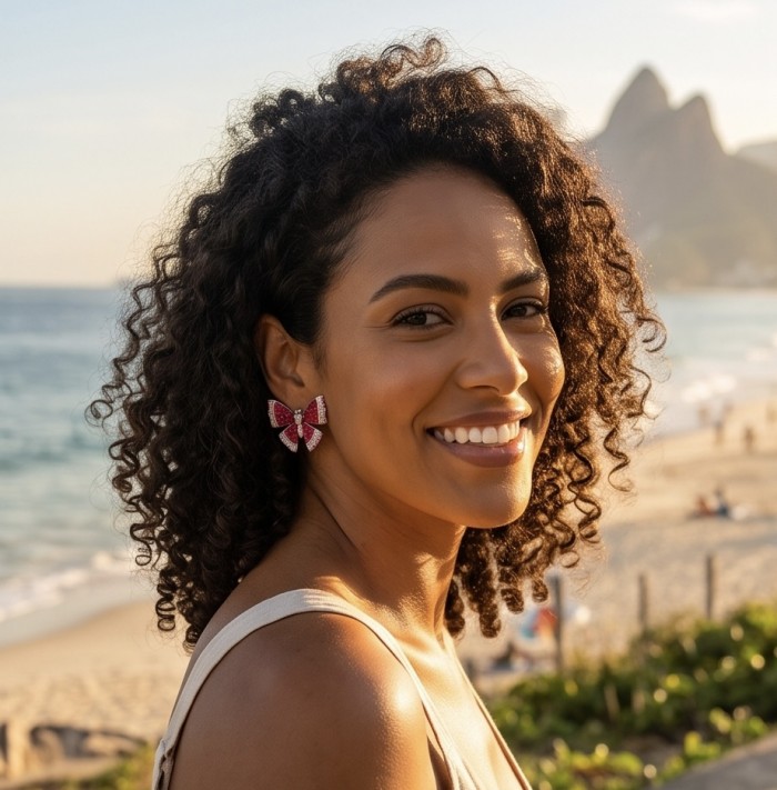 Natural 18.2 carat mystery setting Ruby Butterflies .925 Sterling Silver handcrafted earrings - Earrings shown on woman at beach, butterfly design with rubies.