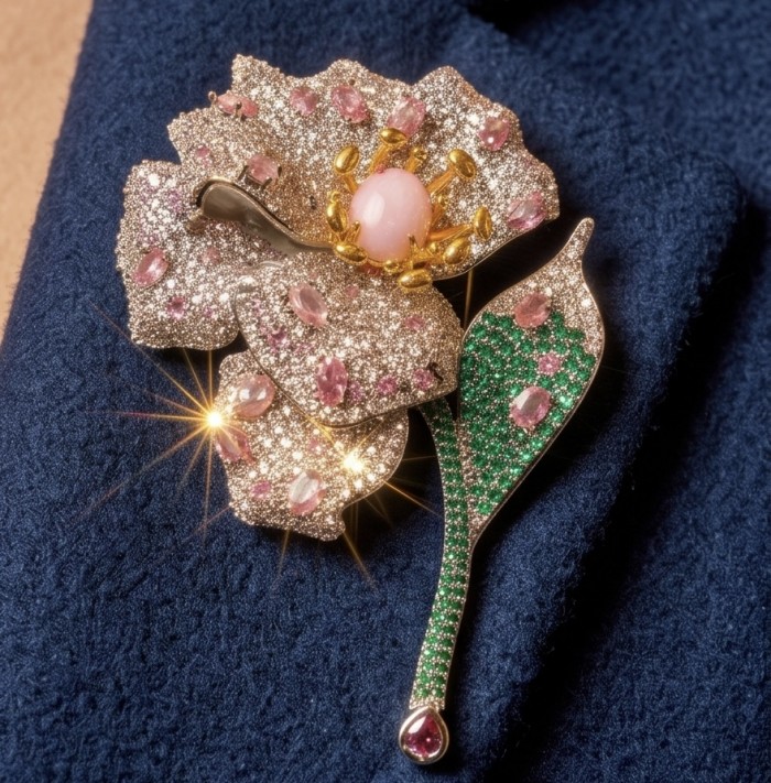 Majestic Design Exotic Flower Natural 6.2 carat Australian Pink Opal 4.2 carat Kunzite .925 Sterling Silver handmade Pendant Brooch - Close-up of Majestic Design Exotic Flower brooch with gemstones