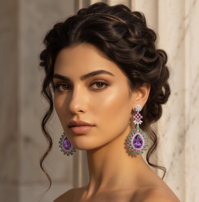 Giuseppina - Authentic 18.5 carat Amethyst rhodium over .925 Sterling Silver handcrafted Statement Earrings - Side view of amethyst earrings worn, highlighting intricate design.