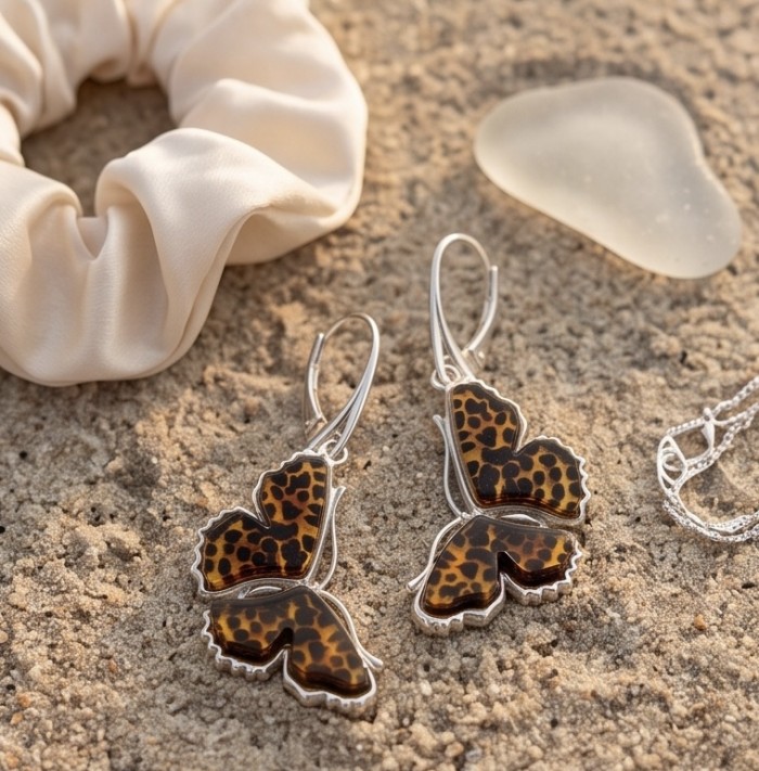 Butterflies carved Baltic Polish Amber rhodium over .925 Sterling Silver handcrafted earrings - Butterfly amber earrings on sand with scrunchie and necklace detail.