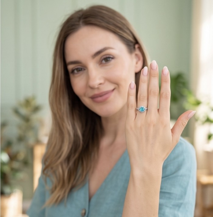 Elizabeth 9.8 carat Colombian Emerald .925 Sterling Silver dipped in Rhodium handcrafted Ring size 8 1/4 - Woman wearing Elizabeth 9.8 carat Colombian Emerald ring on hand