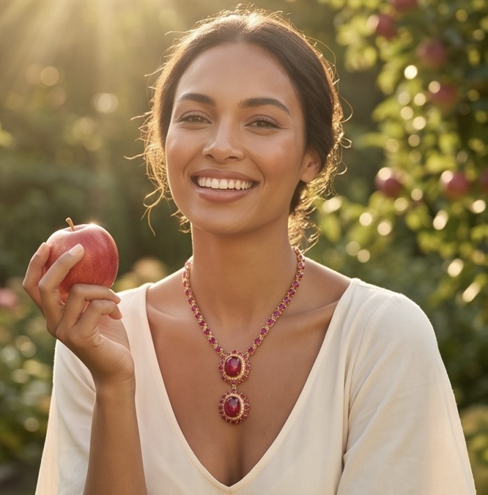 RARE BEAUTY Valentina 88.2 carat Mozambique Ruby 22K Gold .925 Sterling Silver Statement Necklace - Woman wearing RARE BEAUTY Valentina Ruby Necklace, holding an apple.