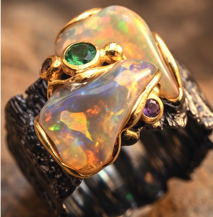 ENDLESS OCEAN 8.8 ctw Genuine Rough Ethiopian Opal black rhodium .925 Sterling Silver 2 tones handmade Ring size 7 - Close-up of Ethiopian opal ring with gold accents and gemstone details.