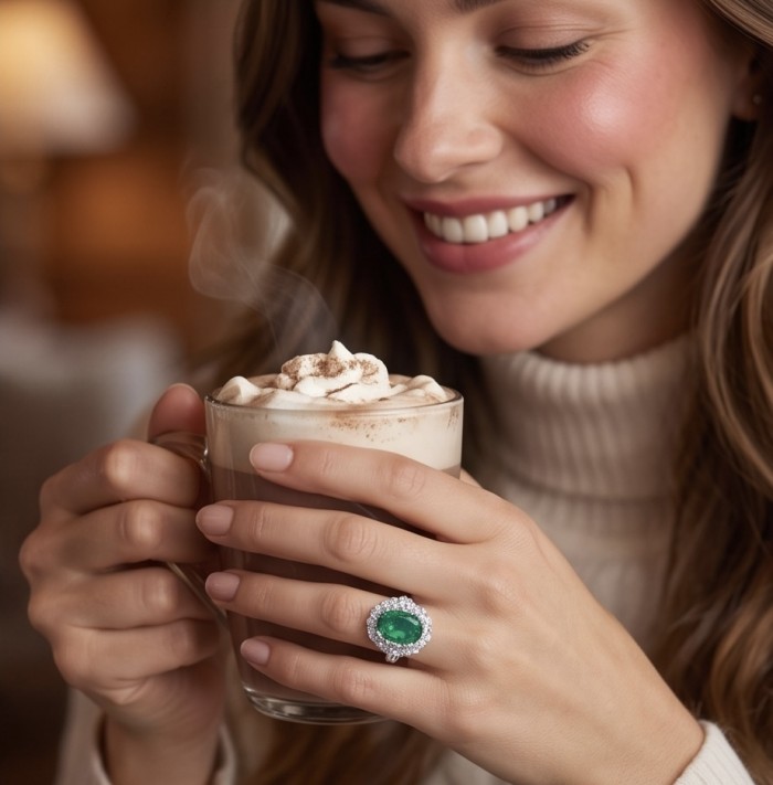 Precious 12.2 CARAT Colombian Emerald .925 Sterling Silver Statement Ring s. 7 1/4 - Worn on hand, emerald ring close-up with steaming cup of cocoa.