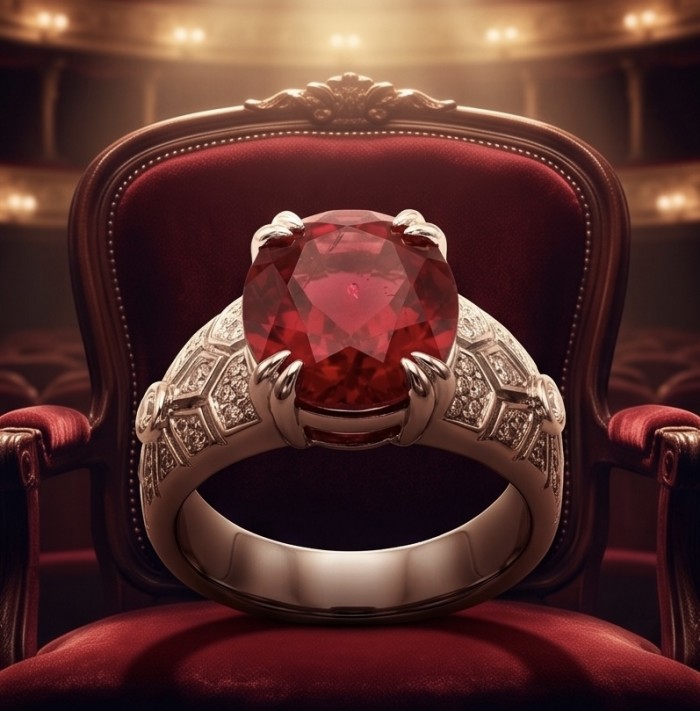 Exquisite 7.5 ctw Mozambique Ruby .925 Sterling Silver handcrafted Statement Ring size 7 1/4 - Close-up of ruby ring on red chair, spotlight in background.