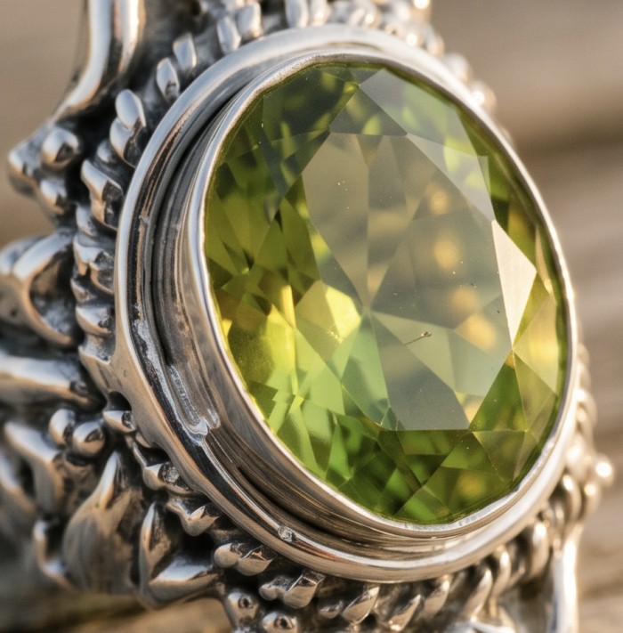 Big Dreamer Massive 25.8 carat Green Topaz .925 Sterling Silver handcrafted Large ring size 11 - Close-up of 25.8 carat green topaz in intricate silver setting.