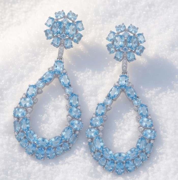 Serenity 14.5 carat genuine Swiss Blue Topaz .925 Sterling Silver handmade Statement Handcrafted earrings - Front view of blue topaz drop earrings on snow background.