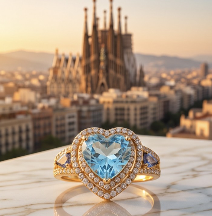 ANGEL'S HEART 6.8 carat Swiss Blue Topaz .925 Sterling Silver dipped in 22K Gold handcrafted ring size 8 - Heart-shaped blue topaz ring with cityscape background, front view.