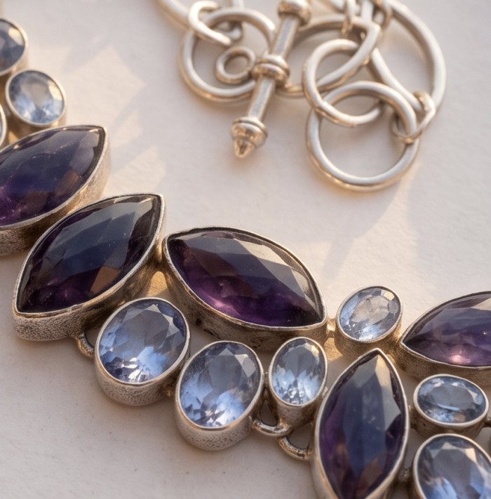 Luna 88.5 carat authentic Kyanite .925 Sterling Silver handcrafted MASSIVE STATEMENT Necklace - Close-up of silver bracelet with amethyst and kyanite stones.