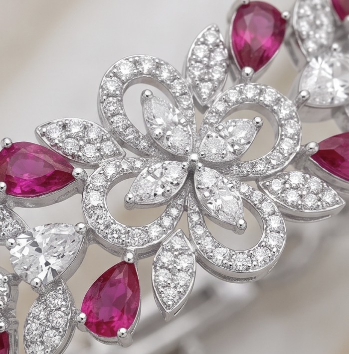 Luxurious 28.7 carat natural Mozambique Ruby rhodium over .925 Sterling Silver .925 Sterling Silver handcrafted Statement Bracelet - photo 3