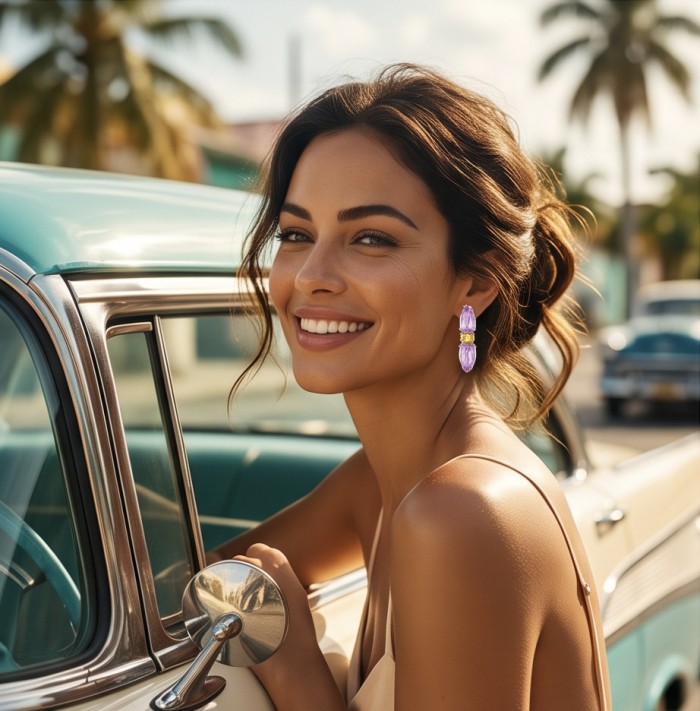 Incredible pear cut 25.5 carat Pink Topaz Rhodium over .925 Sterling Silver handcrafted Statement earrings - Woman wearing large pink topaz earrings, vintage car background