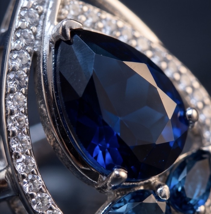 Classy design - baquette cut 6.7 carat natural Sapphire .925 Sterling Silver Perfectly handcrafted Ring s. 7 1/4 - Close-up of a sapphire with diamond accents in a classy design ring.