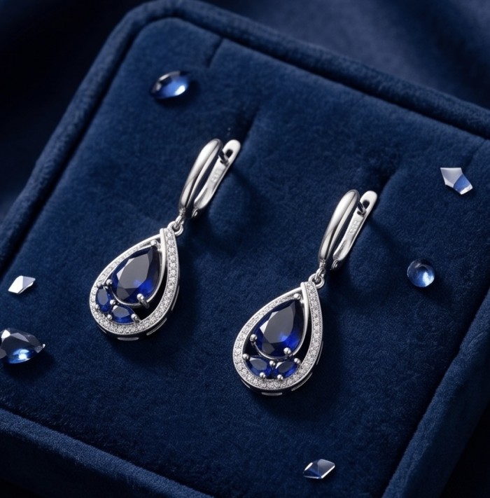 Vintage style - Giovanna - 6.8 carat Sapphire .925 Sterling Silver handcrafted earrings - Earrings with sapphire stones in velvet box, top view.