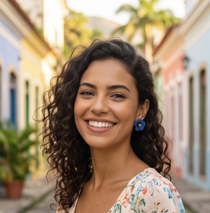 Amazonia - 8.8 carat pave Colombian Sapphire .925 Sterling Silver handmade Statement Earrings - Earrings on model with blue sapphire, street background.