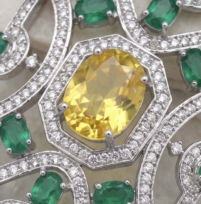 Art Deco - 8.8 carat Citrine Chrome Diopside .925 Sterling Silver handmade Statement LONG Earrings - Close-up of Art Deco citrine and diopside sterling silver jewelry.