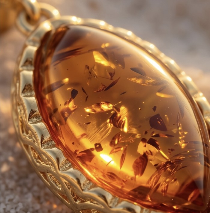 Golden authentic Baltic Amber 14K Gold over .925 Sterling Silver earrings - Close-up of a golden Baltic amber pendant in 14K gold over silver setting.