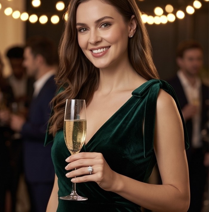 Art Deco Luxurious 6.5 carat White Topaz .925 Sterling Silver ring size 7 - Woman wearing Art Deco ring with 6.5 carat white topaz, holding champagne.