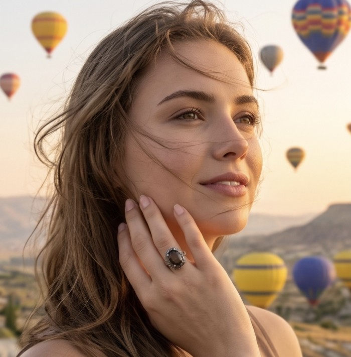 Serenity 19.5 carat Champagne Smoky Topaz rhodium over .925 Sterling Silver HUGE Ring size 8 - Worn on hand, Serenity Champagne Smoky Topaz ring with hot air balloons.