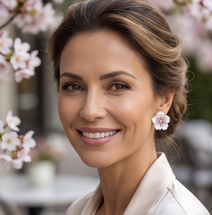 Genuine Blister Pearl 0.4 carat lab grown Diamond 18K Gold over .925 Sterling Silver handcrafted Statement Earrings - Woman wearing floral diamond and pearl earrings, close-up with blossoms.