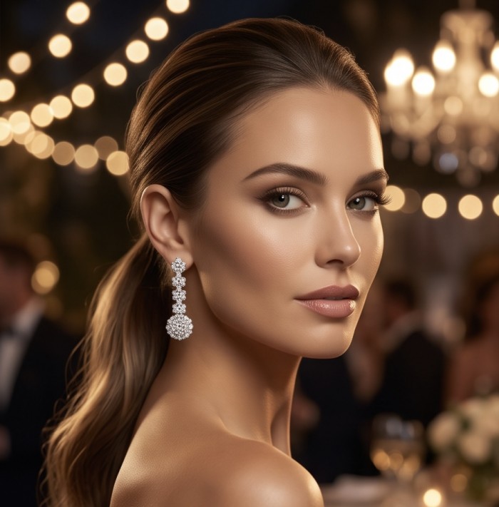 Romantica - Precious Natural 2.7 carat White Topaz .925 Sterling Silver handmade Statement earrings - Side view of Romantica earrings worn, featuring 2.7 carat white topaz.