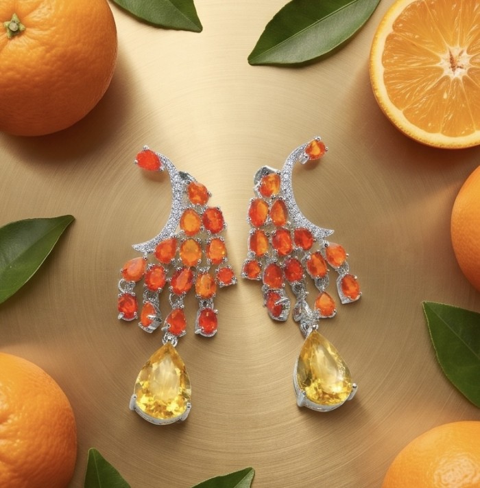 Valentina 3.9 carat Natural Fire Opal 4.9 carat Citrine rhodium over .925 Sterling Silver handcrafted earrings - Valentina fire opal and citrine earrings with oranges, top view.
