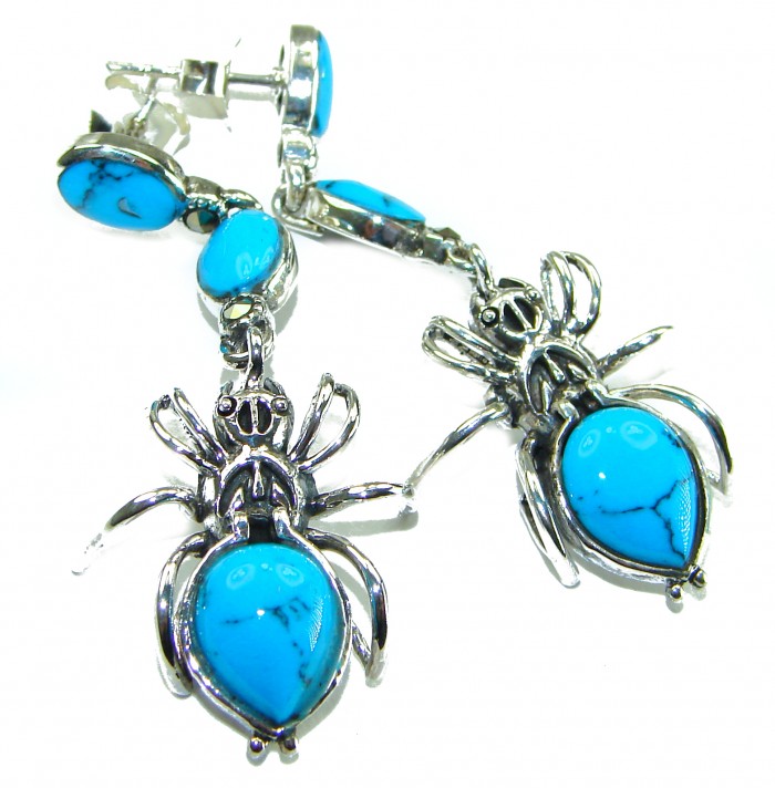 Spiders Natural Turquoise .925 Sterling Silver handmade stud earrings - photo 3