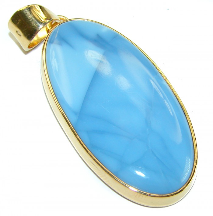Rare - Huge Amazing Angelite 14K Gold over .925 Sterling Silver Pendant - Oval blue Angelite pendant in gold setting, side view.