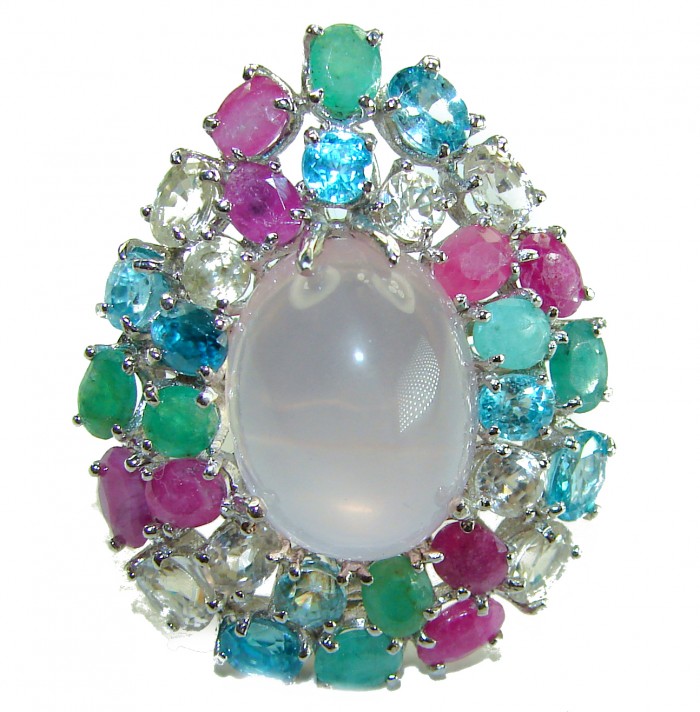 Marie Antoinette's STYLE authentic 32.5 carat Brazilian Rose Quartz .925 Sterling Silver handcrafted Statement ring; s. 8 - Oval gemstone ring with multicolored stones, front view.