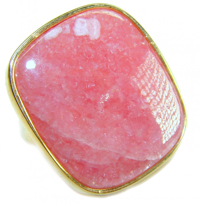 Strawberry Fields - 28.8 CARAT Argentinian Rhodochrosite 18K Gold over .925 Sterling Silver handmade ring size 6 1/2 - Close-up of 28.8 carat Argentinian Rhodochrosite in gold setting.