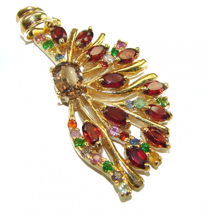 Smoky Topaz 8.5 carat Brazilian Smoky Topaz 18K Gold over .925 Sterling Silver handmade Pendant - Smoky Topaz pendant, top view, with colorful gemstones, 18K gold setting.