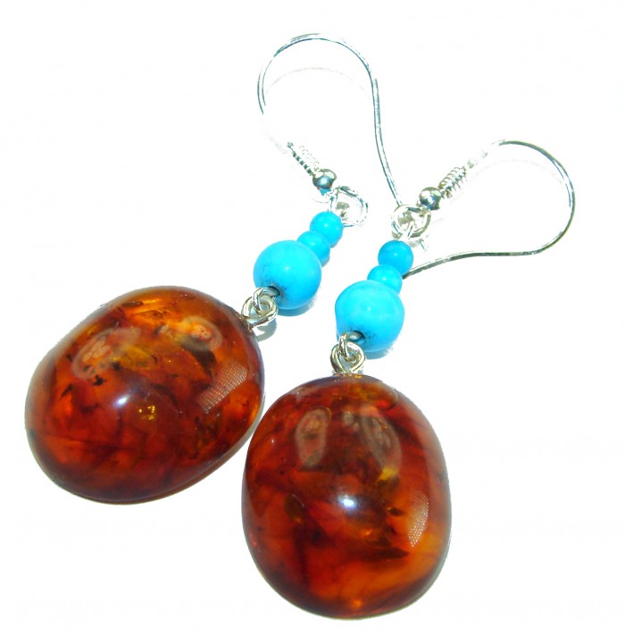 Golden Honey Drops authentic Baltic Amber .925 Sterling Silver earrings - Amber and turquoise drop earrings, side view, sterling silver hooks