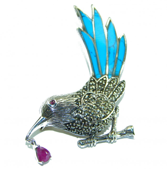 Blue Bird genuine INLAY Turquoise Marcasite .925 Sterling Silver handmade Brooch - Side view of blue bird brooch with turquoise and marcasite details